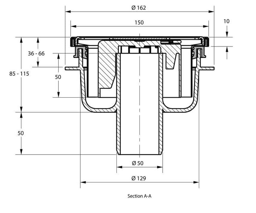 Vloerput 150x150 onderuitloop 1,0l/sec