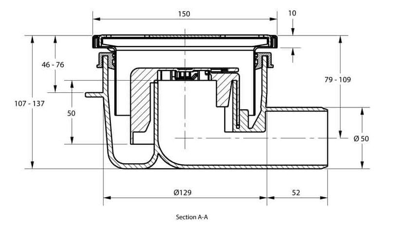 Vloerput 150x150 zijaansluiting 0,7l/sec