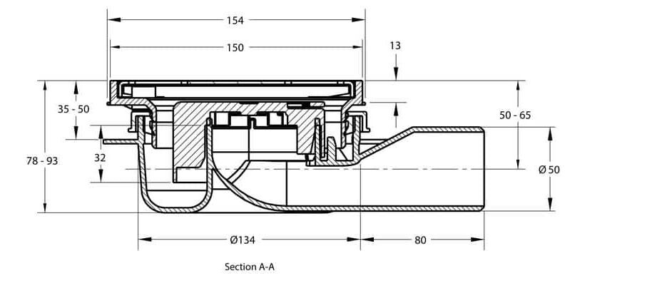 Vloerput 150x150 zijuitloop 0,6l/sec