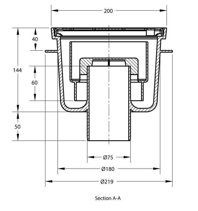Vloerput 200x200 onderuitloop 1,3l/sec