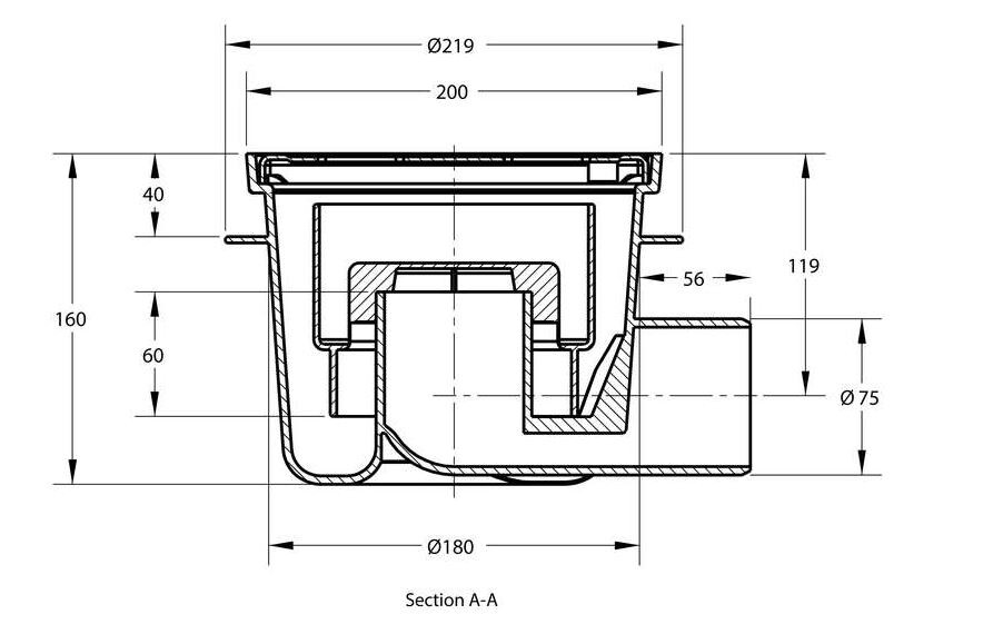 Vloerput 200x200 zijuitloop 1l/s